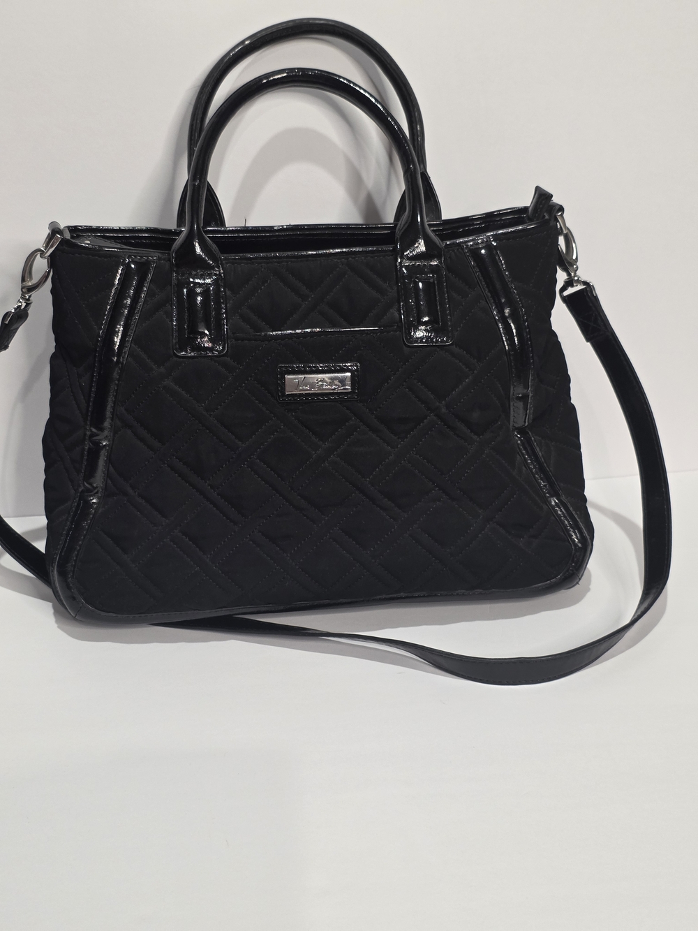Vera Bradley Black Quilted Satchel with Patent Trim - Picture 2 of 11